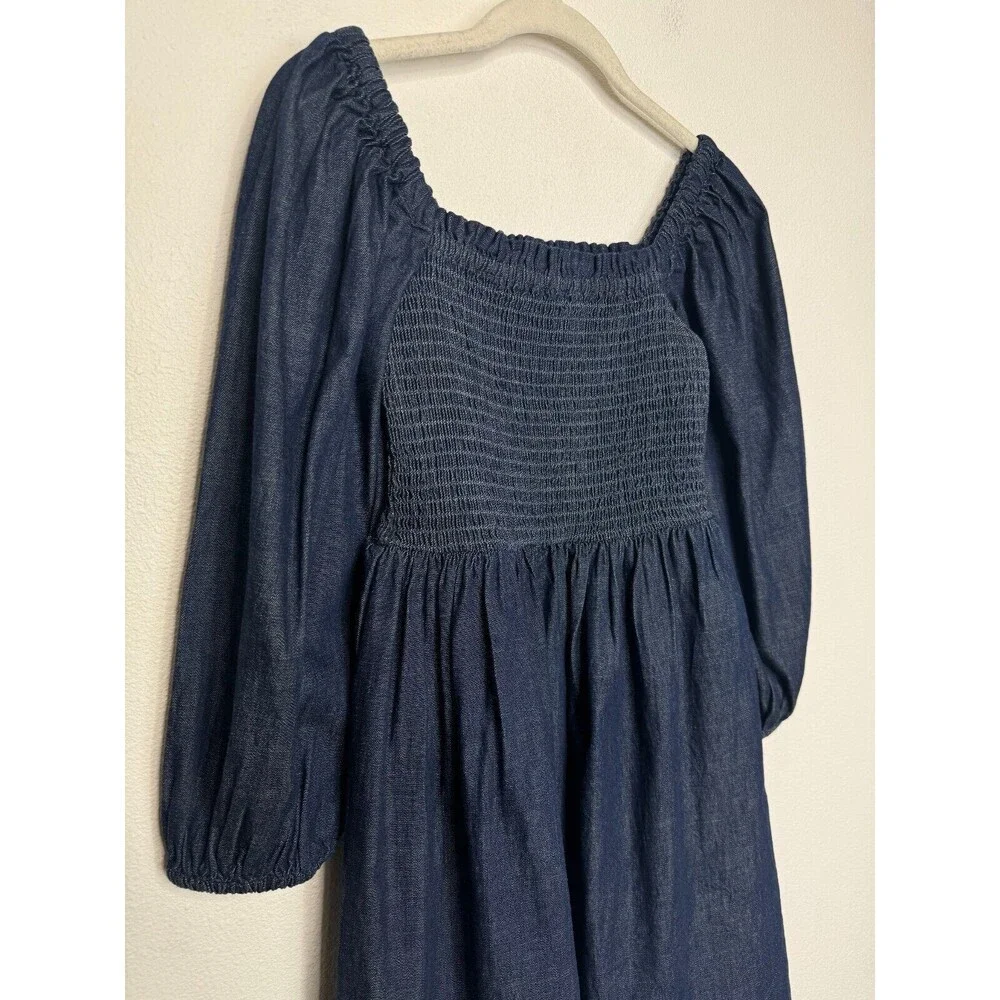 J. Crew XXS Smocked Puff Sleeve Mini Dress In Chambray Blue 100% Cotton NWT